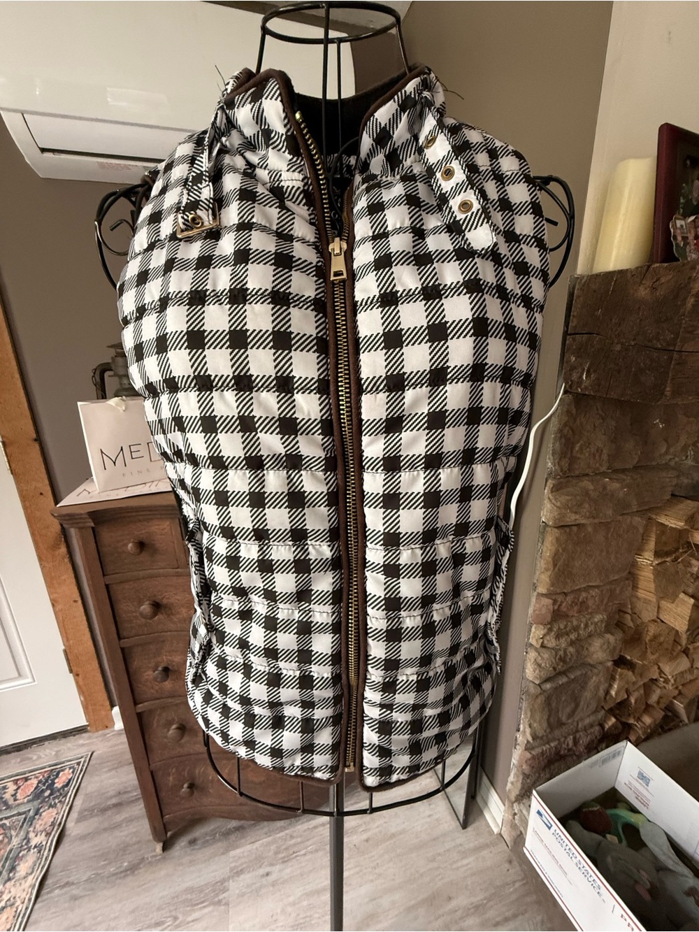 Chocolate Black and White Puffer Vest with zippered pockets brown piping